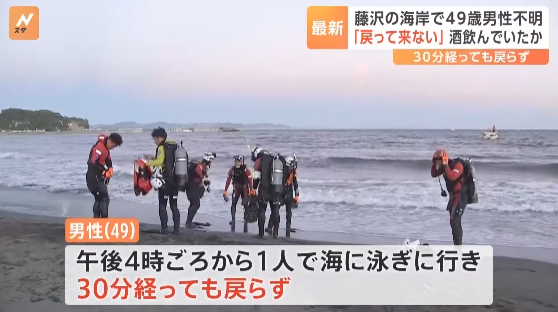 奥さん「海水浴場で夫が遊泳中に戻ってこないの！」 → 夫が行方不明になり、警察らがヘリなども使って捜索 → 数時間後、夫が自力で自宅に戻る