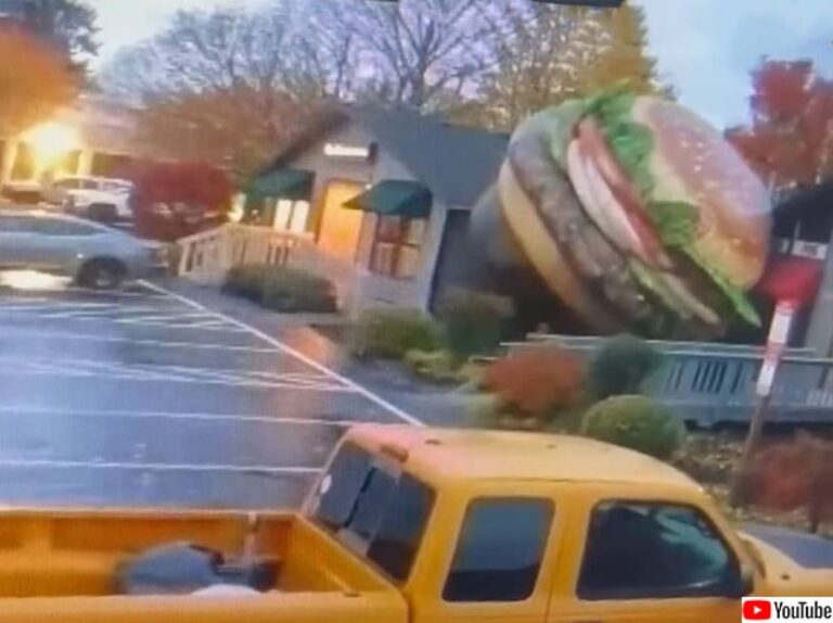 巨大ハンバーガーの襲来か？駐車場をころがり民家に衝突するバーガーキングのワッパー