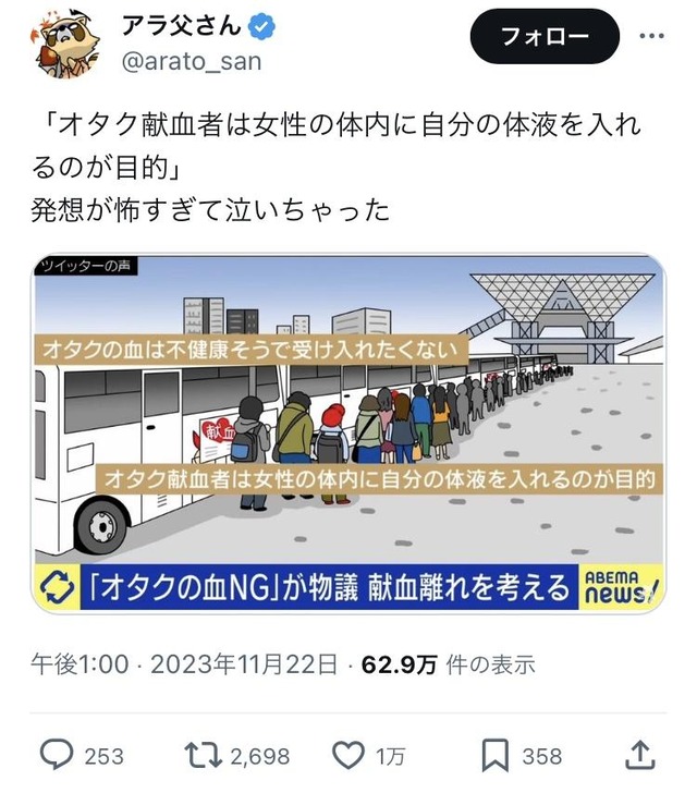 【悲報】「オタクの血NG」が物議、献血離れを考える「オタクの献血者は女性の体内に自分の体液を入れるのが目的」と言うぶっ飛んだ意見も・・・