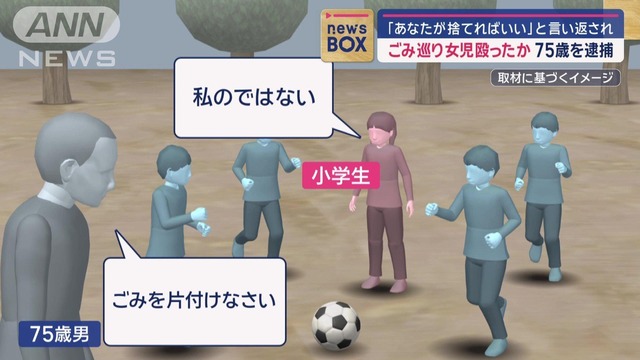 公園老人｢これ君たちのゴミ？｣子供｢違う｣老人｢違っても拾ってゴミ箱に捨てなさい｣女児「だったらあなたが捨てればいい」老人が女子児童の顔を殴り逮捕