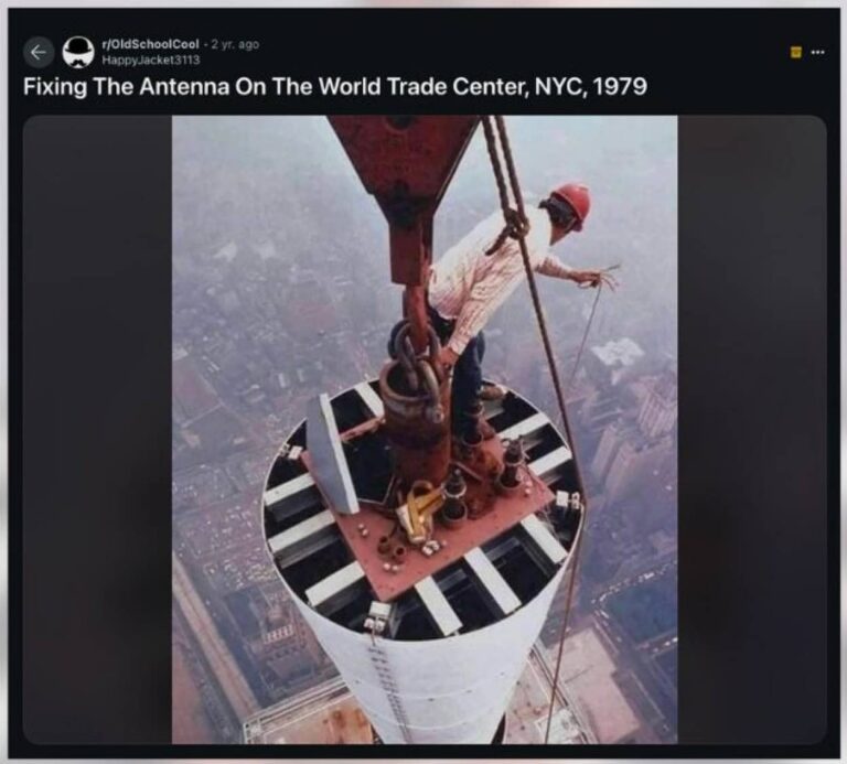 当時は作業も命がけ。1979年に世界貿易センターのアンテナを修理している人物の貴重な写真