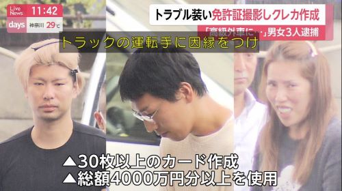 高速道路にて「おいコラァ！俺の高級外車に飛び石当ててんじゃねえよ！免許もってんのか？見せろ！」→免許証の情報でクレカを作り不正利用していた男女3人が逮捕