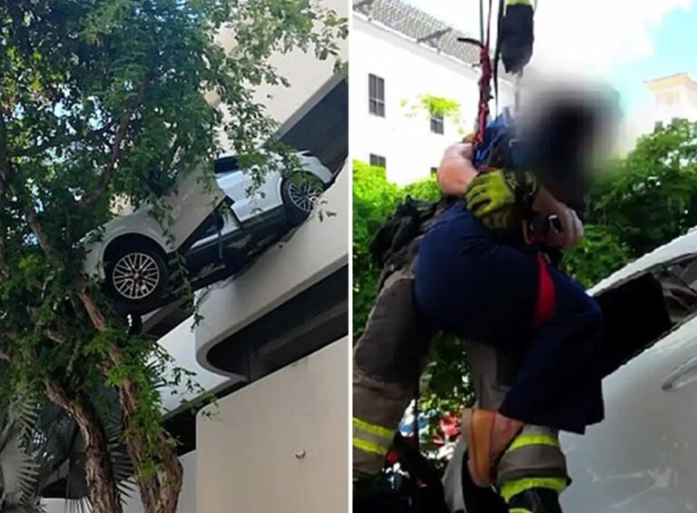 どうしてこうなった？駐車場の3階の壁にポルシェを激突させ宙ぶらりんになった女性