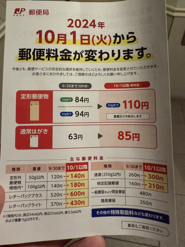 【悲報】郵便局「今日から、はがき一枚85円、定形郵便一通110円に値上げです！」