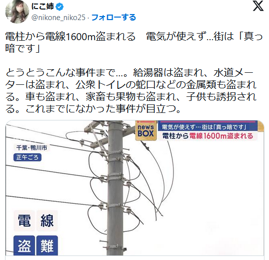 【悲報】電線1.6km盗まれる、日本の治安悪化しすぎ・・・