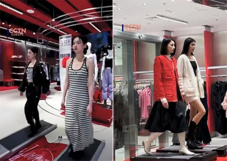 動かないマネキンの代わりに商品を着た人間がルームランナーで歩く中国の斬新アパレル展示スタイル