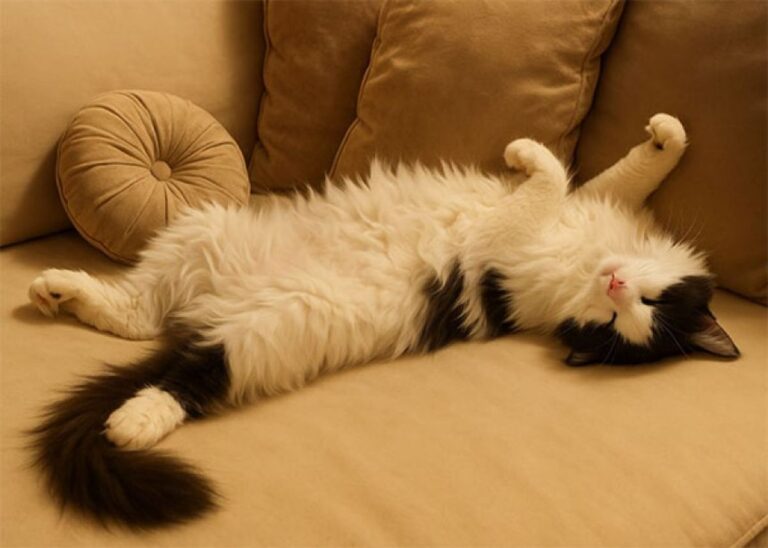 あら、気持ちよさそうに猫がベッドで寝ているわ。うちの猫じゃないけれど…