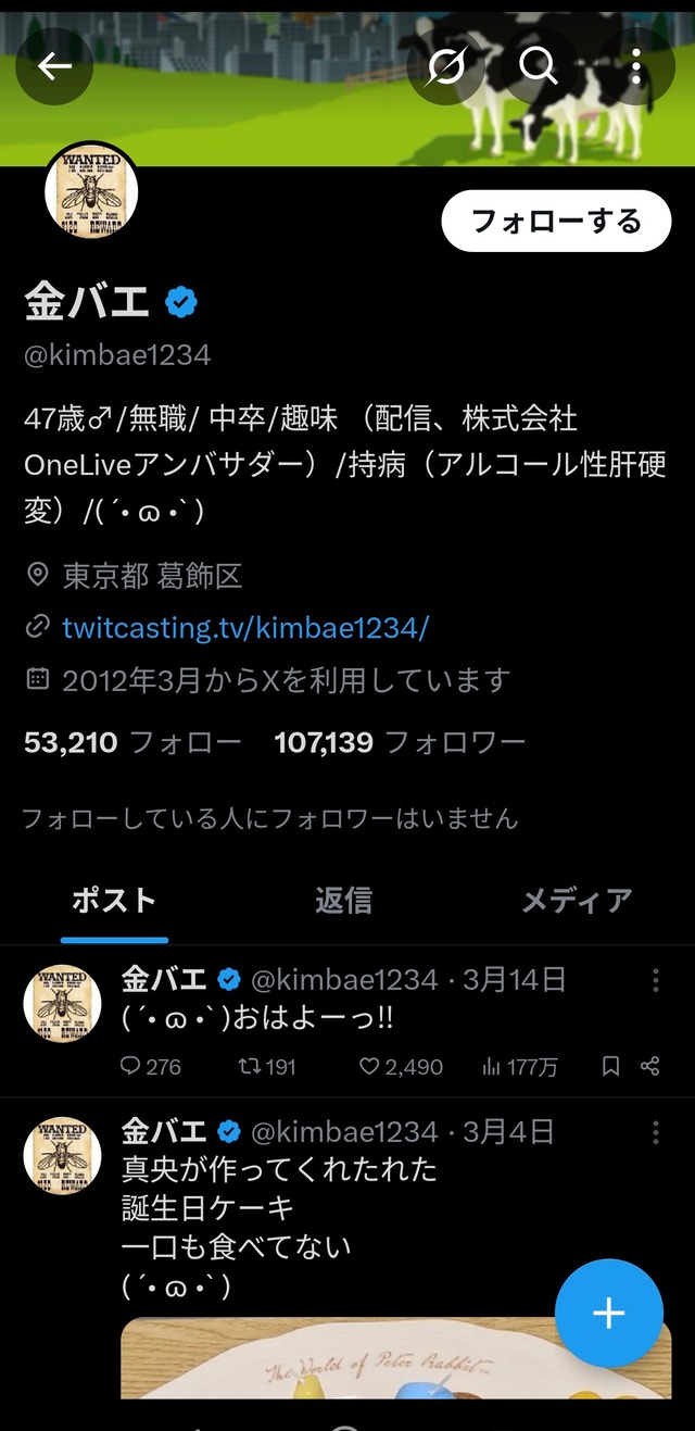 【悲報】重体の金バエさん、3月14日でTwitterの更新が途絶える😭