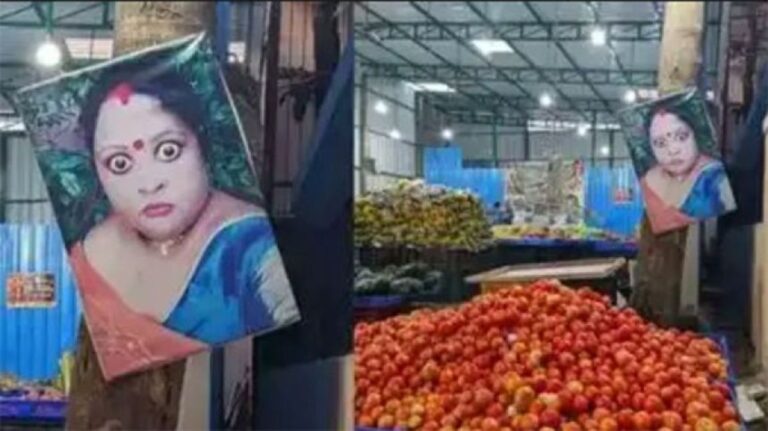 防犯カメラより効果的かもしれない。インドの青果市場に設置された女性の写真