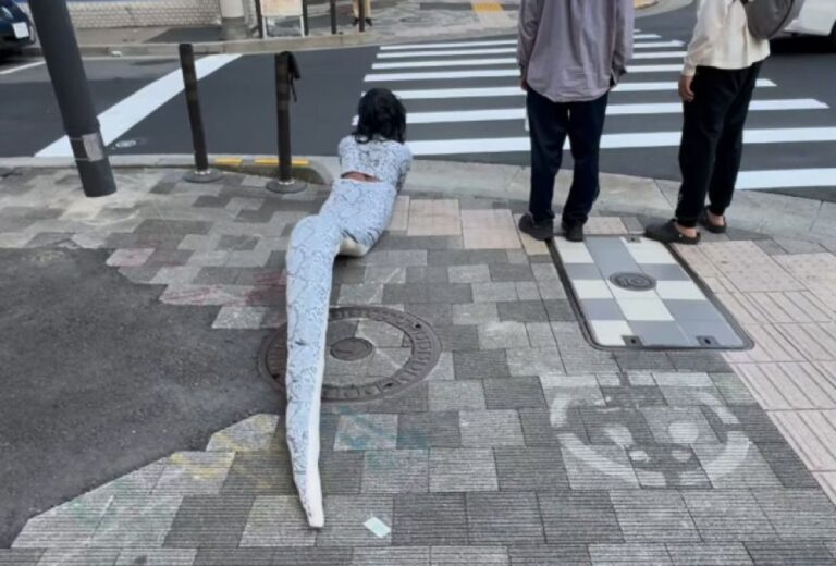 ブラジルのインフルエンサーが日本でヘビの衣装を着て道路を這いまわっていた