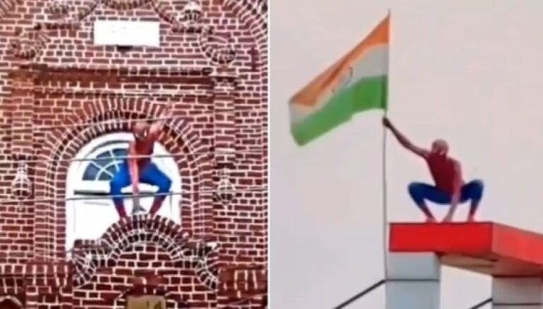インドの時計塔に現れた「スパイダーマン」、危険行為で警察に逮捕される