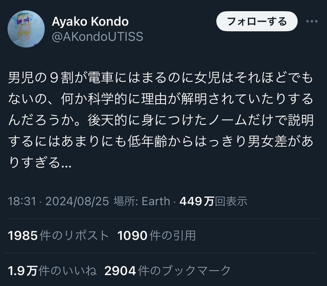 【悲報】X女性「男の9割は電車にハマった経験があるらしい。先天的になにかあるんだろう」←10万いいね