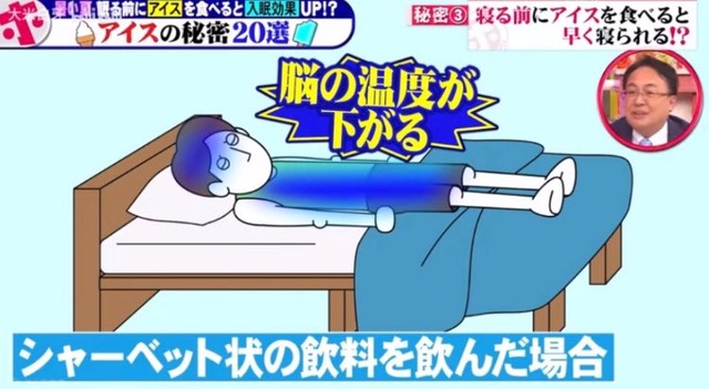 テレビ「寝る前にアイス食べると脳が冷えてすぐ眠れる」→医師「んなわけないです。」