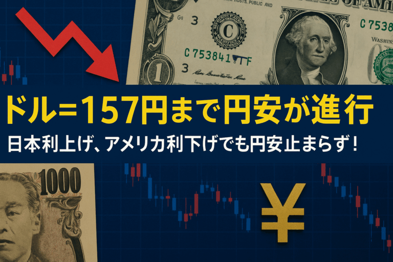 一時1ドル=157円まで円安が進行。日本利上げ、アメリカ利下げでも円安止まらず！
