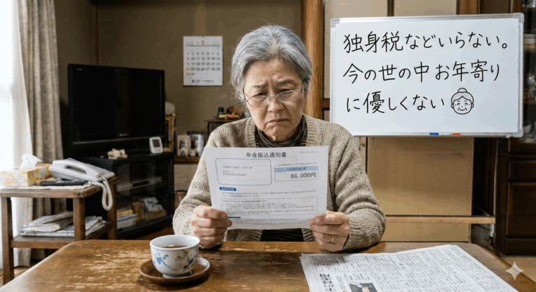 65歳女性（年金8万6千円）「独身税などいらない。今の世の中お年寄りに優しくない👵」