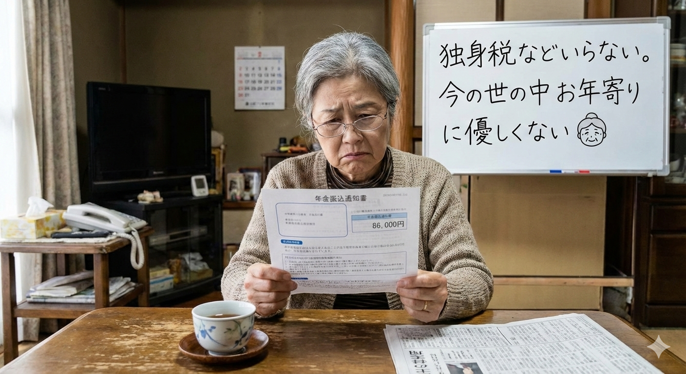65歳女性（年金8万6千円）「独身税などいらない。今の世の中お年寄りに優しくない👵」