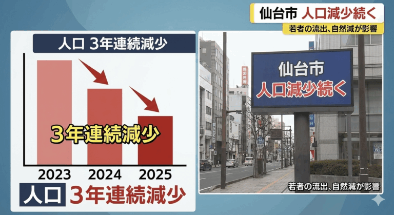 仙台市さん、東北最強都市なのに3年連続人口が減少してしまう。