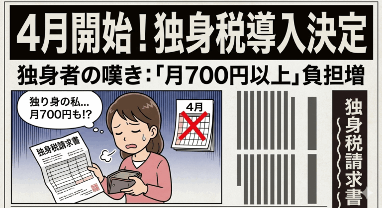 4月開始の独身税。独り身の私は「月700円以上」負担することになってしまうそうです。